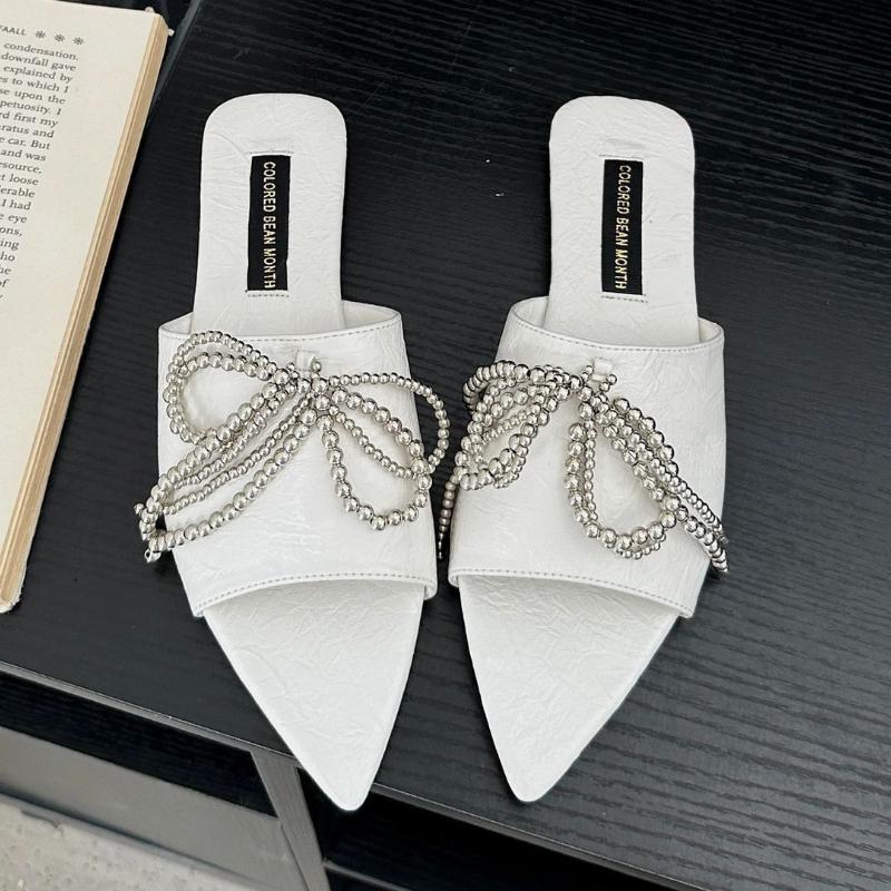 Fashion Metal Beaded Bow Decoration Flat Slippers Women Summer Sexy Pointed Toe Open Toe Slide Sandals Soft Leather Cozy Beach Sandals