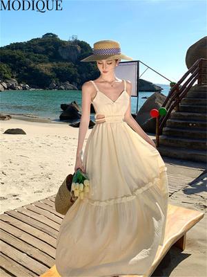 MODIQUE Yaz Kadın Zarif Günlük Plaj Oyuk Sırtı Açık Kızsı Halter Uzun Elbiseler Kadın Fairycore Atmosfer Düz Renk V Yaka Elbiseler