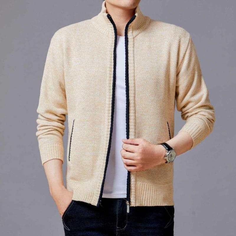 Mens Stand Collar Fleece Lined Solid Loose Knit Zip Up Long Sleeve Sweater Cardigan Coat