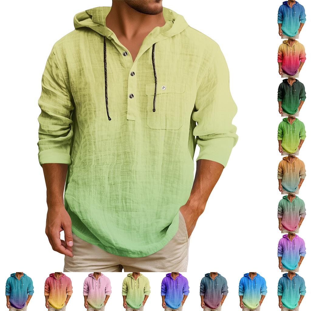 Men's Hooded T-shirt Gradient Color Cotton And Linen Men's Casual Long-sleeved Top