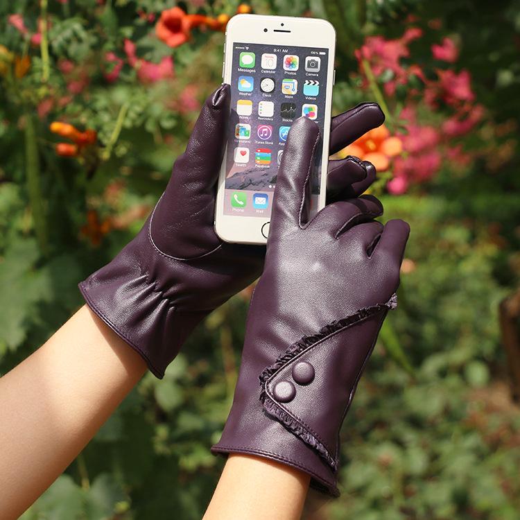 Women's PU Leather Touch Screen Gloves, Warm Velvet Lined, Lace Design, Cold-Proof for Autumn and Winter Cycling.