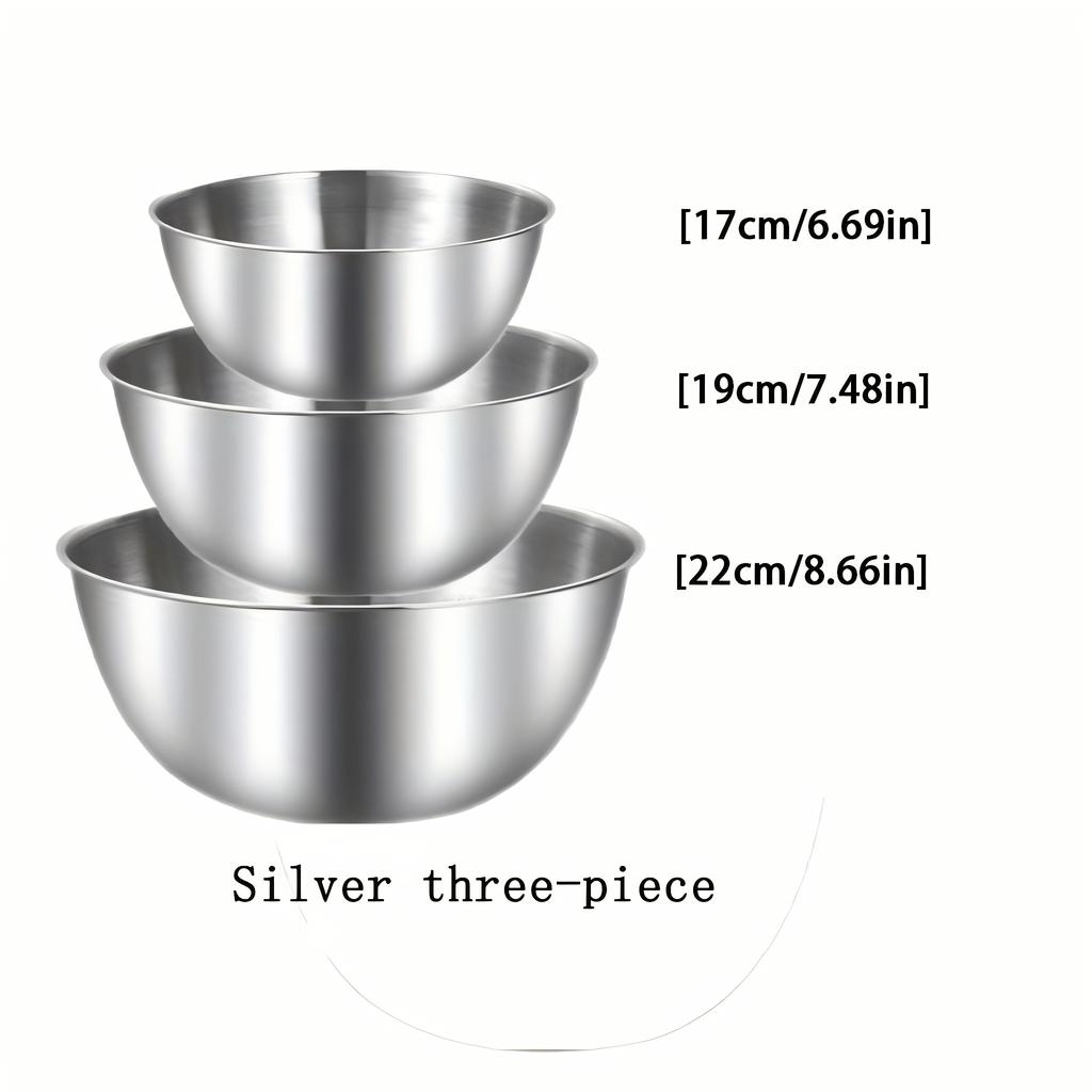 3ks Sada tří nerezových mís pro míchání, hnětení těsta a servírování salátů, vhodné pro kuchyňské použití.
