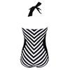 Elegante Costume da Bagno Nero con Scollo a V Profondo e Spalline Sottili Taglie Forti per Costumi da Bagno a Strisce Donna