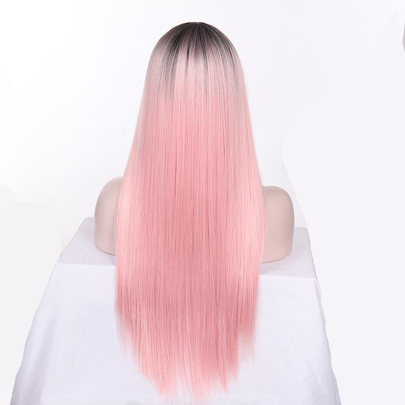 Long Straight Synthetic Lace Front Wig For Black Women Heat Resistant Hair Ombre Pink Wig