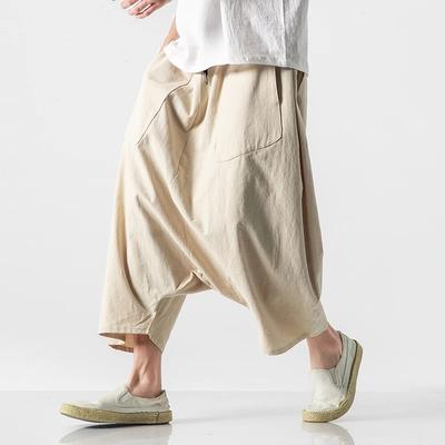 Summer Men Casual Harem Pants Men Vintage Loose Cotton Linen Wide Leg Pants Men Elastic Waist Pantalones Trousers Male Harajuku Streetwear Y2k Pants