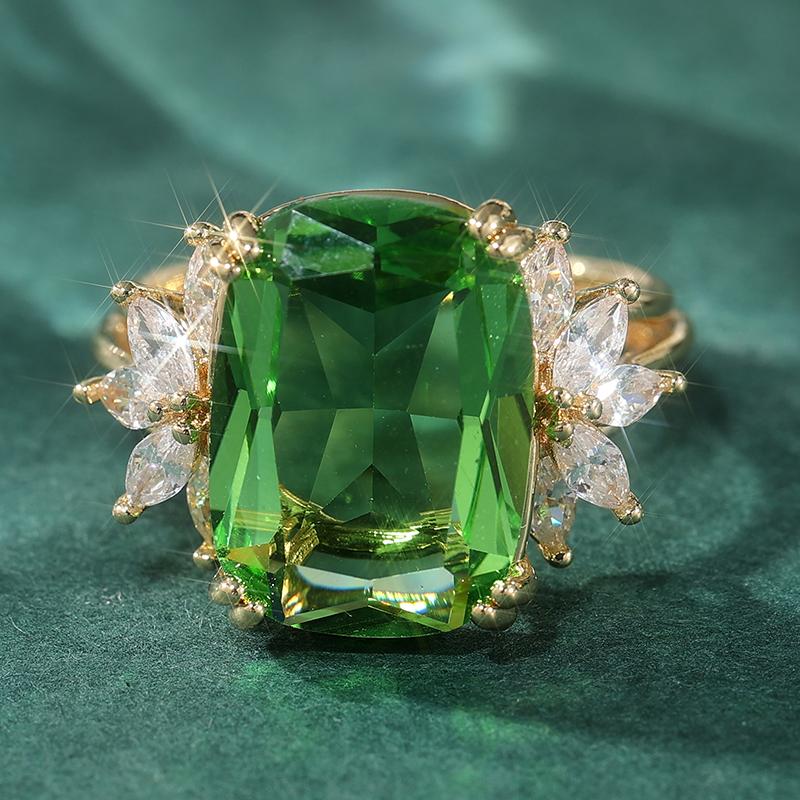 Fashion Gold Color Inlaid White Green CZ Women's Ring Geometry Daily Wear Party Jewelry