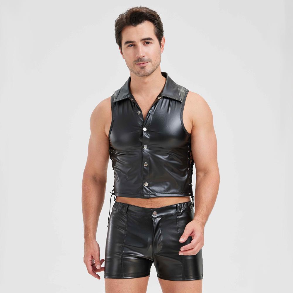 European & American Men's Patent Leather Vest and Shorts Set for Nightclub Performance