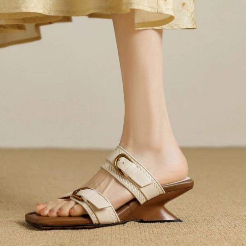 Fashion Vintage Braided Belt Buckle Open Toe Wedges Women's Summer New Square-toed High-heeled Slippers