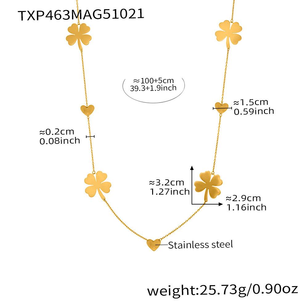 Oumeka 18k Gold-Plated Stainless Steel Jewelry Set: Heart & Four-Leaf Clover Earrings, Ring, and Necklace.
