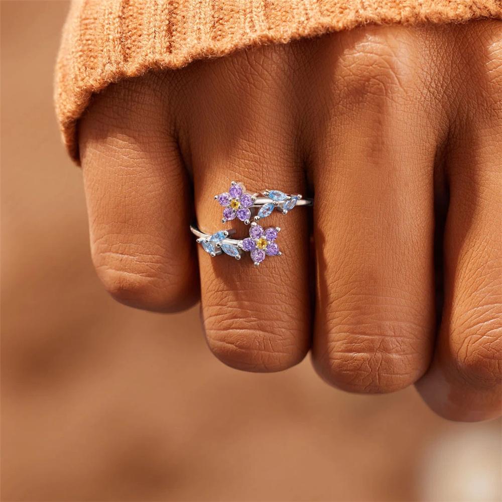 Charm Female Rainbow Zircon Stone Leaf Flower Adjustable Open Ring Gold Silver Color Cute Gift Wedding  For Women