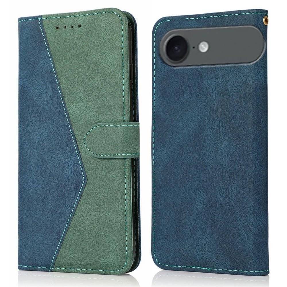 

For iPhone 17 Air Case Color Splicing Wallet Stand Leather Phone Cover with Wrist Strap Blue/Green