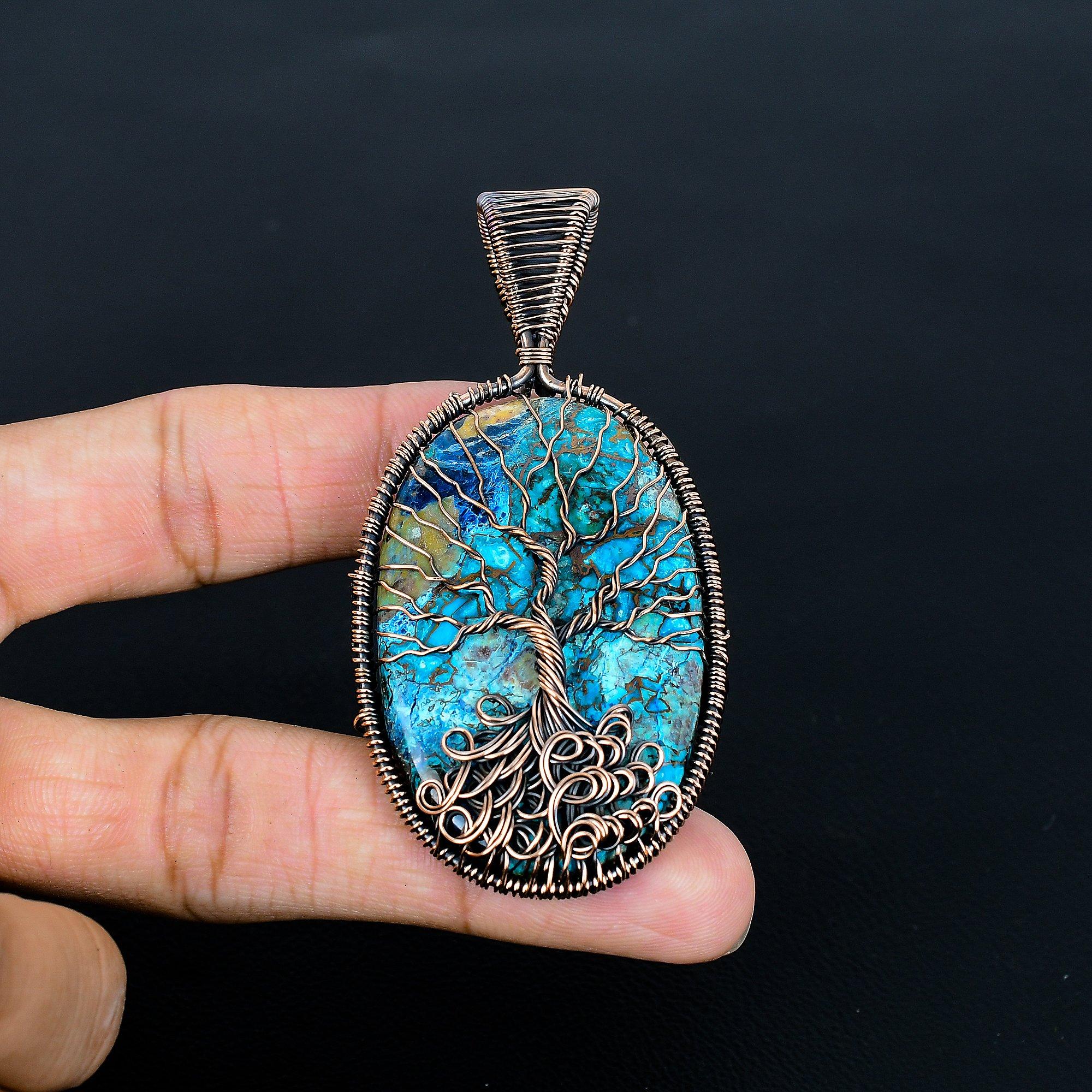 

Azurite Malachite Pendant, 999 Copper Wire Wrapped Gemstone Jewelry, Handmade Tree Of Life Pendant, For Thanksgiving 3.15 Inches