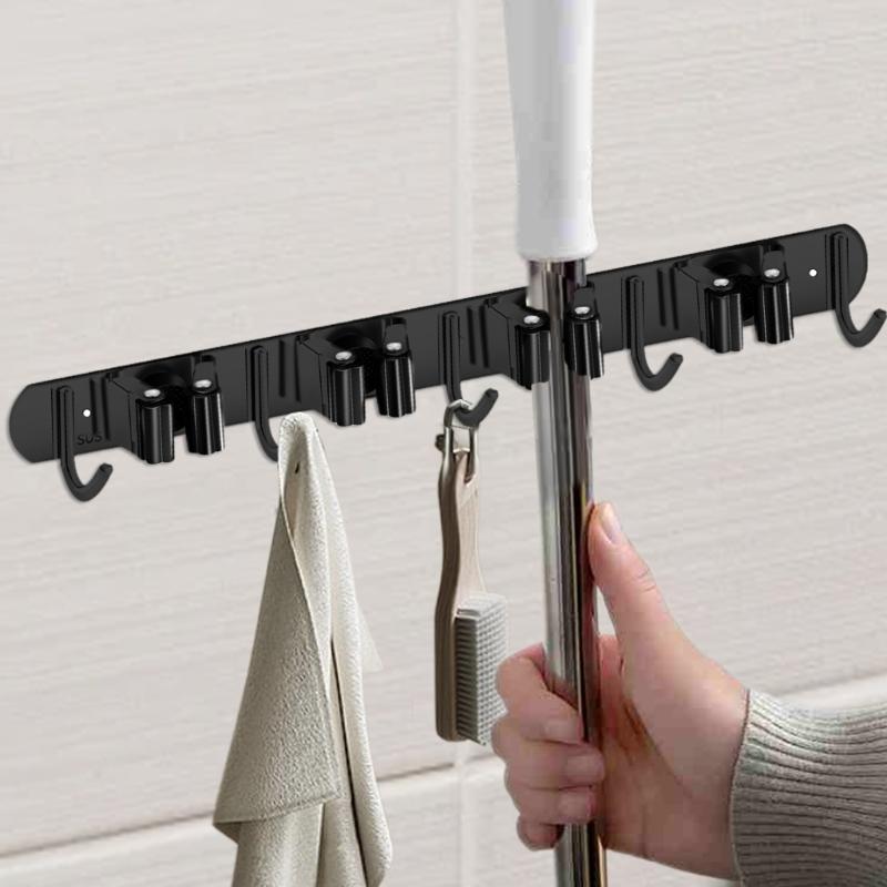 Wall Mounted Rack Space Saving Brooms Organizer Storage Solution for Bathroom