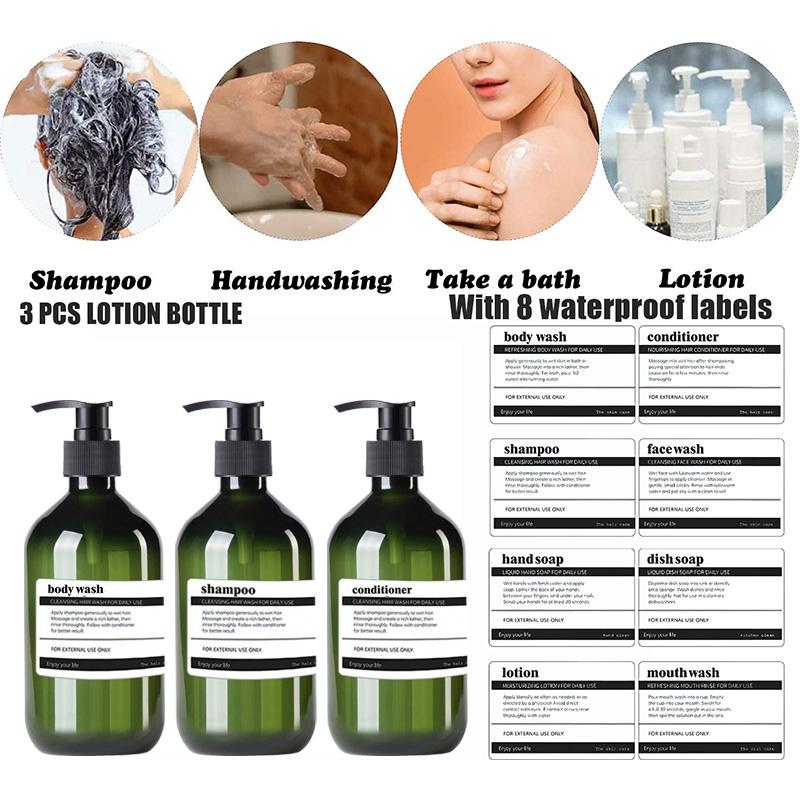 3er-Pack, 500 ml, nachfüllbarer Badezimmer-Flüssigseifenspender mit Pumpe, brauner/grüner Shampoo- und Conditioner-Spender mit 8 Etiketten