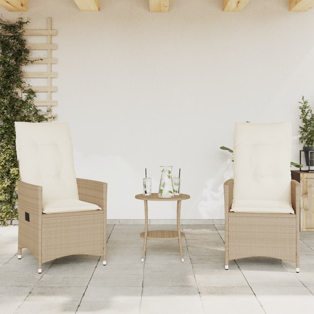 3 Piece Bistro Set with Beige Poly Rattan Cushions