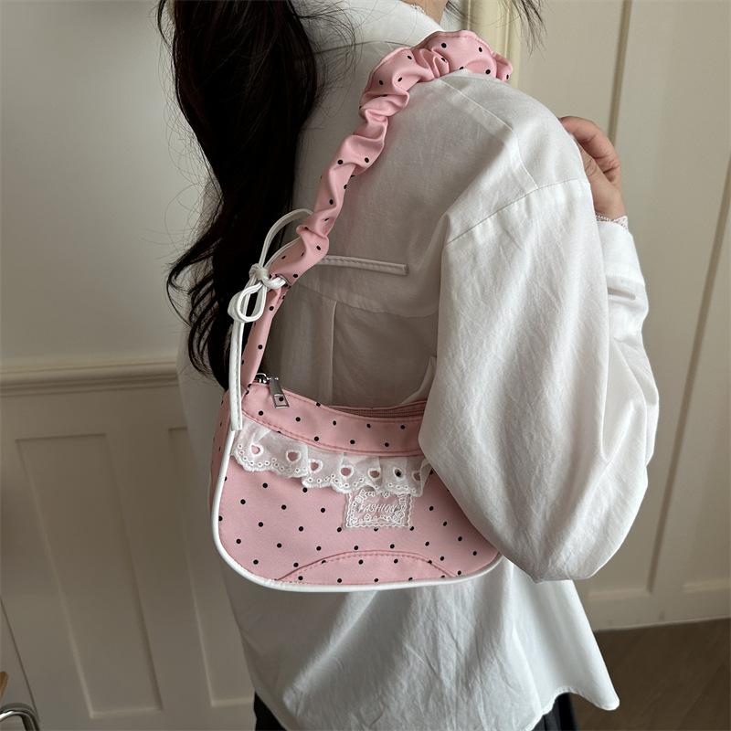 Lace Polka Dot Shoulder Bag Stretchable Strap Large Capacity Pleated Underarm Bag Multi-Color French Stick Handbag Purse