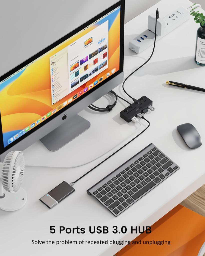 Aceele Hub USB 5 Portów USB USB Ultra Slim Hub Port Zasilania z Niezależnym Włącznikiem Typ Wkładany od Góry Lampka Kontrolna Kabel Przedłużający 5Gbps Ultra