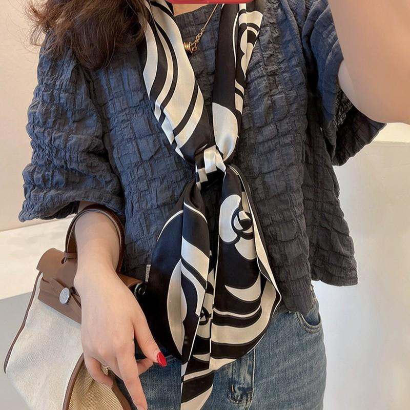 [Camellia Things] Classic Simple Style Black And White Color Satin Silk Scarf Ribbon Long Towel Multifunctional Ribbon