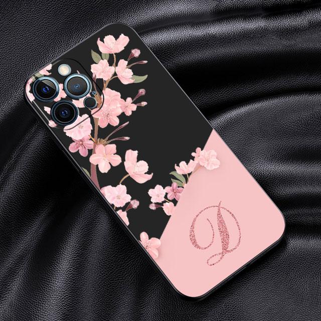 Case For Apple iPhone 14 13 11 12 Pro 7 XR X XS Max 8 Plus 6 6S SE 2022 13Pro Black Phone Funda Flower Letter Pink A B C Initial