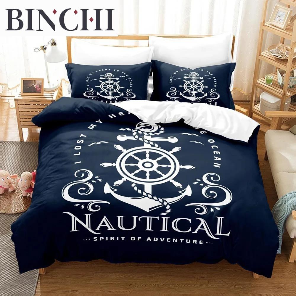 Nautical Bedding Set Ocean Anchor Duvet Cover Sailor Pirate Sea Adventure Bedspread For Kids Boys Navy Blue