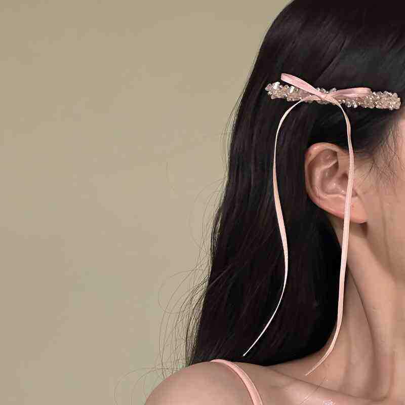 Pink Crystal Bow Hair Clip for Women - Sweet Duckbill Hair Accessory