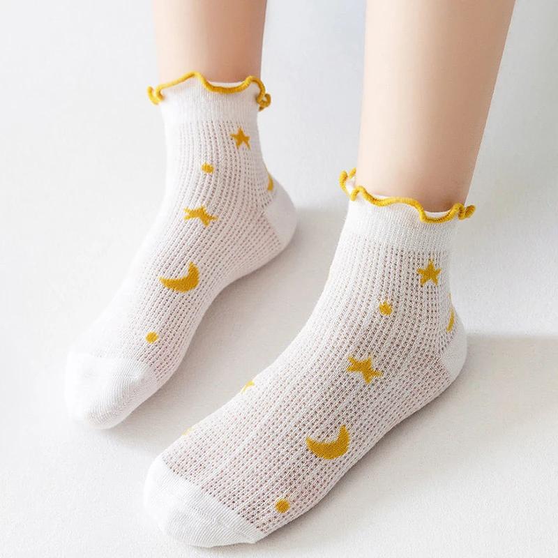 5 Pairs Girl Summer Mesh Socks Sweet Ruffled Print Cotton Breathable Short Socks For Toddlers Kids