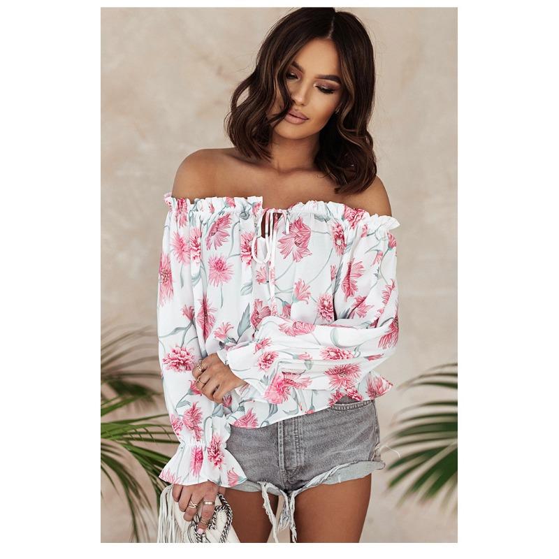 Women Floral Chiffon Shirt Printed Blouse Ruffle Waist Tie Tops