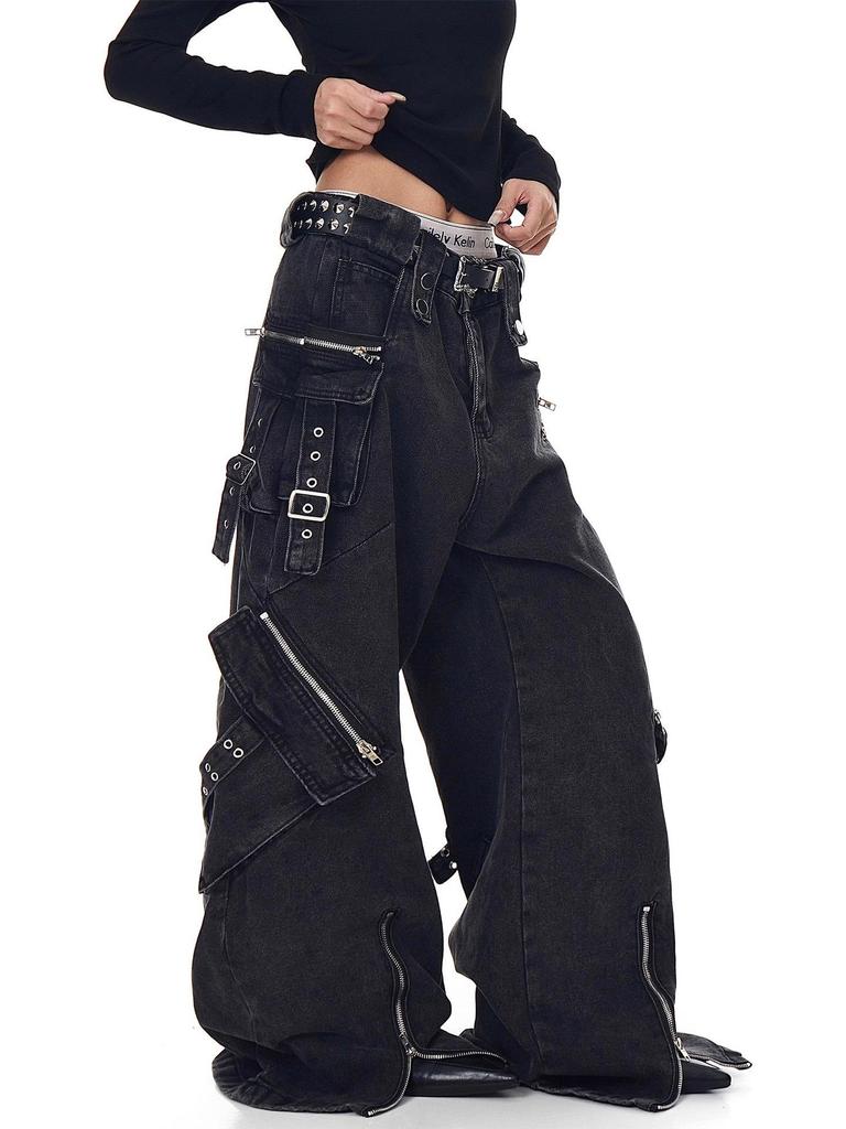 Jeans in Denim Punk Gamba Larga Y2K: Abbigliamento da lavoro resistente, multitasche per uomo e donna