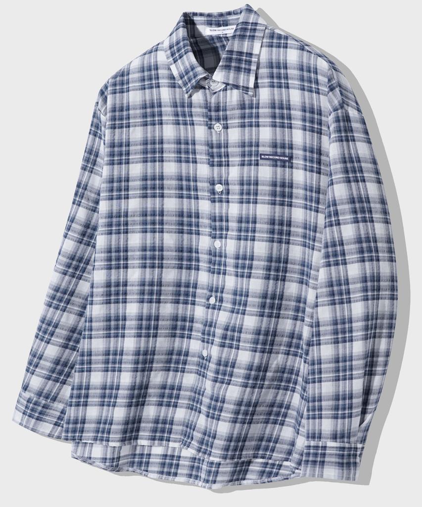 SLOW RECORD HOUSE Seersucker Oversized Check Shirt_Blue
