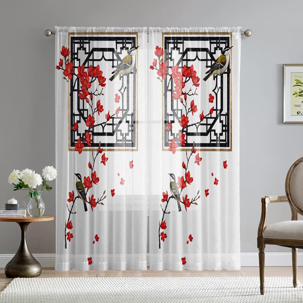 2-piece HD digital ancient style red Wing Plum Figure Printed Window Veil Home Decorating Style Decorative Living Room Bedroom R