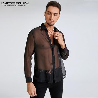 Men Mesh See Through Long Sleeve Transparent Party Shirts