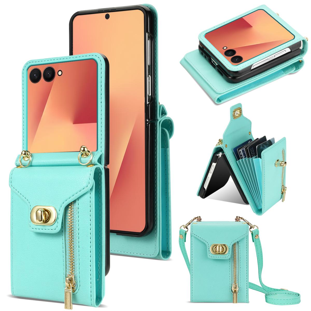 

For Samsung Galaxy Z Flip7 5G Case Zipper Wallet Design PU PC Phone Cover with Long Strap Green