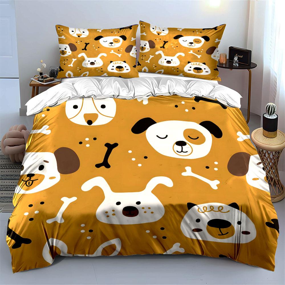 Cute Dog Pattern Three-Piece Set Bedding Set with 1 Duvet Cover 2 Pillowcases Single Double King Queen, Gift