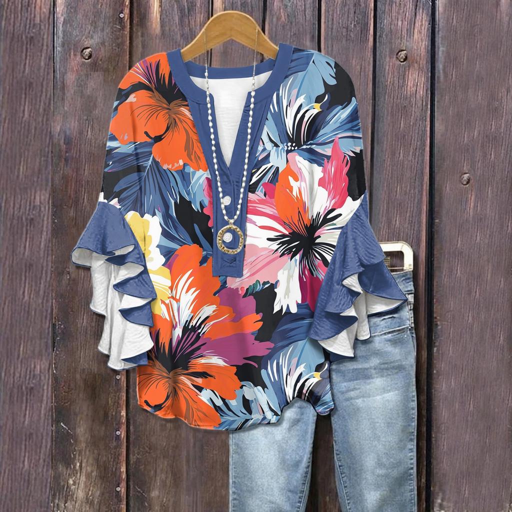 Summer Tops For Women Cute V Neck 3/4 Sleeve Blouses Floral Print Top Casual Shirts
