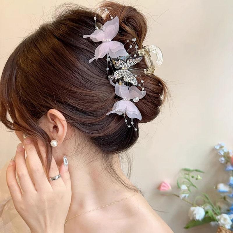 13cm Chiffon Bead Tassel Hair Claw Jaw Elegant Fairy Butterfly Hair Clip Crab Girls Large Hairpins For Women Hair Accessories Headwear