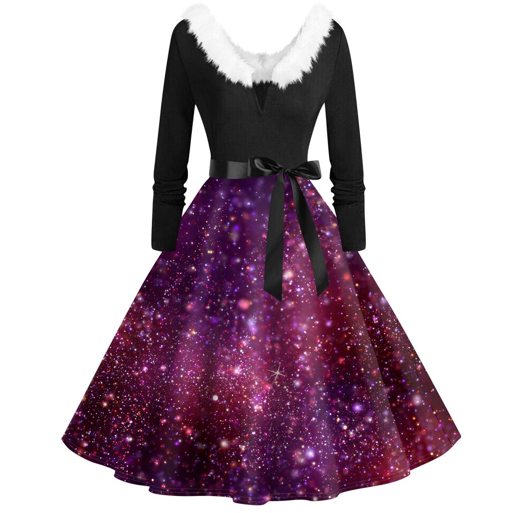 Women's Fashion V-Neck Casual Slim Christmas Printed Long Sleeve Hair Collar Dresses