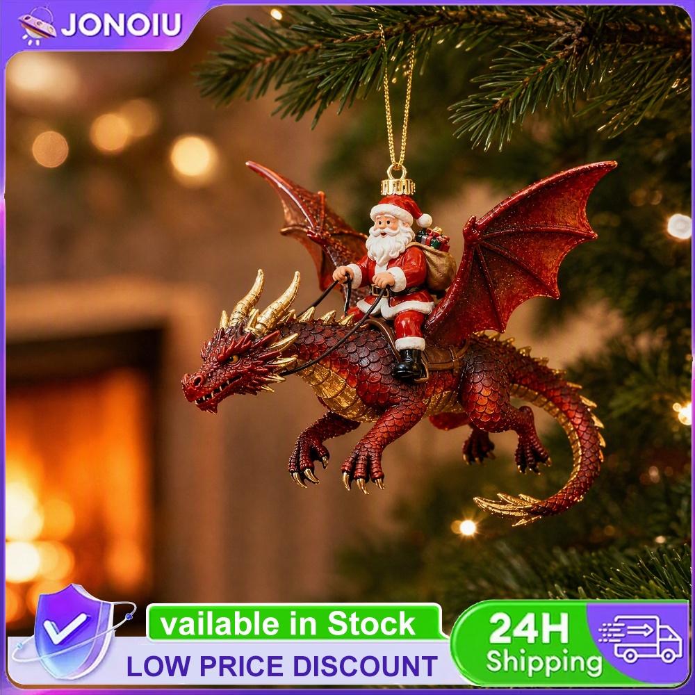 3D Hand Painted Holiday Ornament Santa Riding Dragon Resin Fantasy Christmas Tree Hanging Pendant Decor