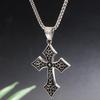 Men's Hip Hop Long Chain Necklace with Retro Distressed Floral Cross Pendant In Stainless Steel.