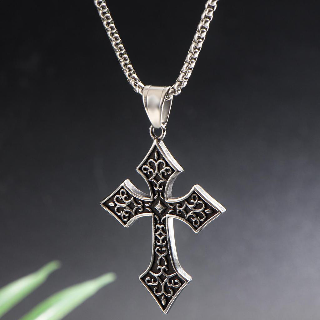 Men's Hip Hop Long Chain Necklace with Retro Distressed Floral Cross Pendant In Stainless Steel.
