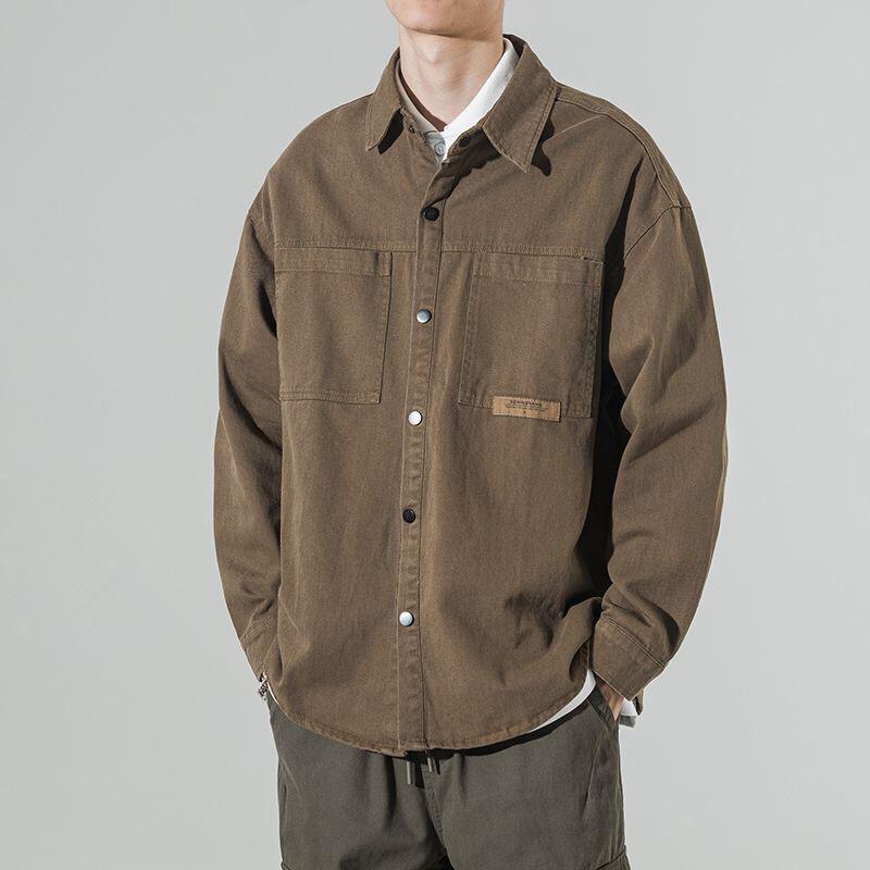 Men's Casual Solid Color Lapel Work Shirt Jacket - Oversized for Spring and Autumn