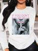 100% pure Polyester women's spring and autumn loose comfortable casual fashion graphic printed long sleeved round neck T-shirt
