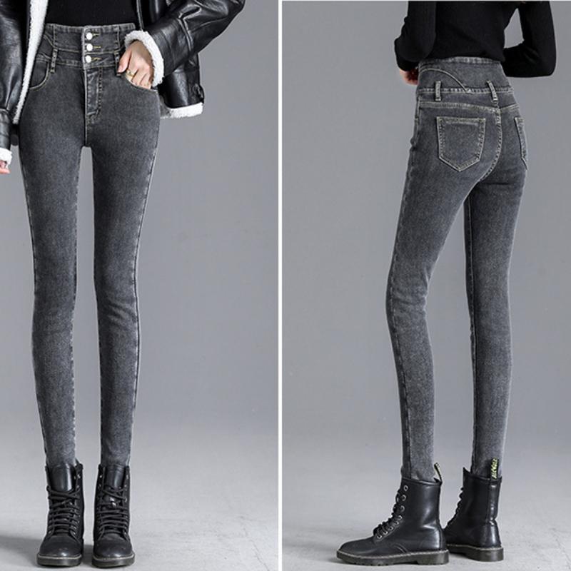 Džíny z fleecu s vysokým pasem, Dámské podzimní a zimní skinny džíny, Rovné nohavice, Přiléhavé, Zesílené a zeštíhlující tužkové kalhoty