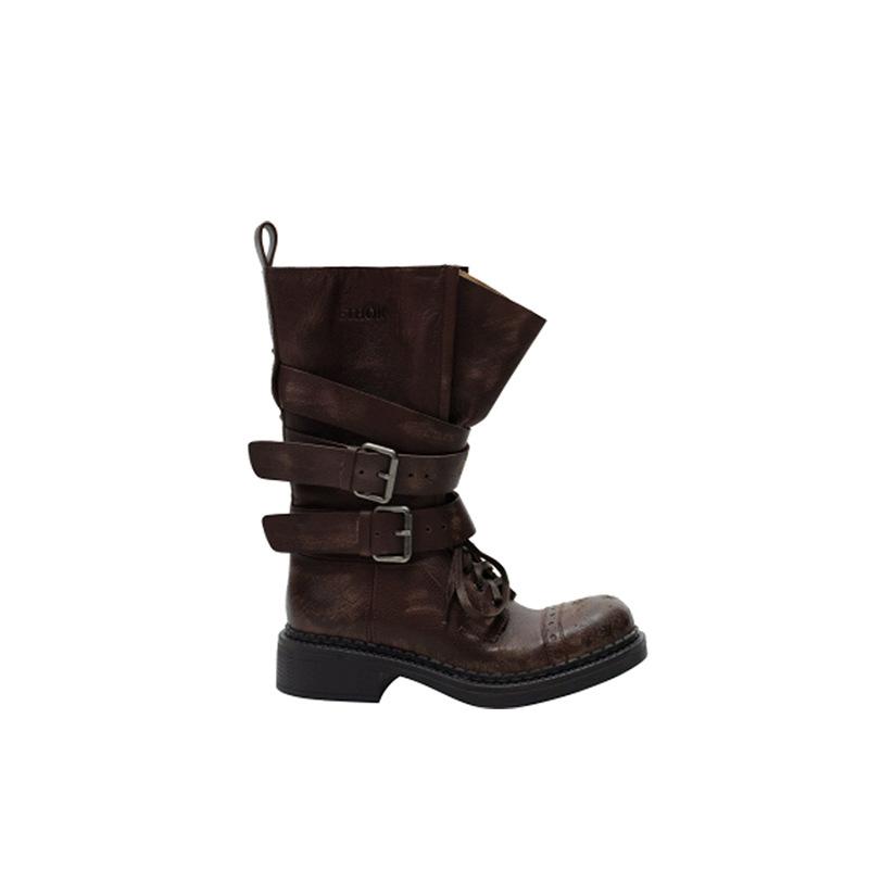 

Belt Buckle Vintage Middle Heel Martin Boots Children s Summer Western Cowboy Boots Thick Sole Medium Tube Desert Pile Leather Boots Autumn 40 коричневый