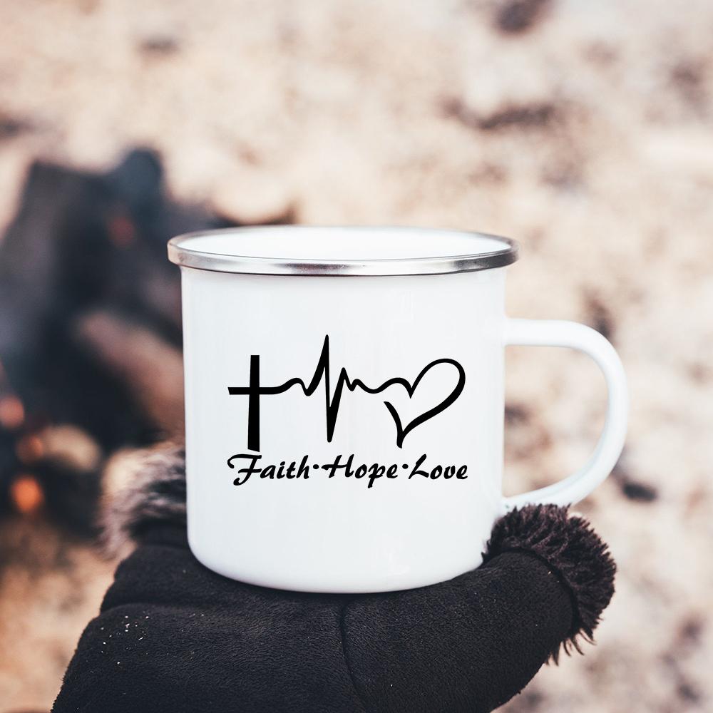 Faith Hope Love Print Christian Creative Enamel Mugs Outdoor Travel Coffee Cup Drink Dessert Milk Vintage Handle Drinkware Gift
