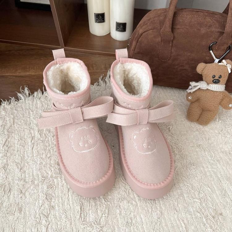 Cute thick-soled snow boots for women 2025 new winter sheep puffs bow warm and velvet non-slip cotton shoes for women