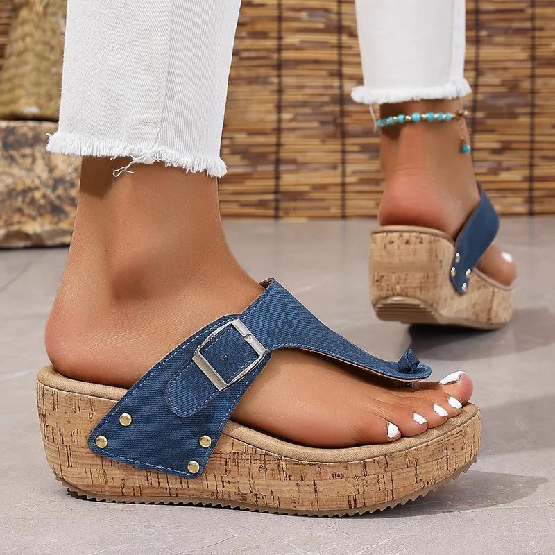 Fashion Summer Clip Toe Wedges Sandals Women 2025 Summer Chunky Platform Flip Flops Woman Fashion Buckle Thick Bottom Beach Slippers