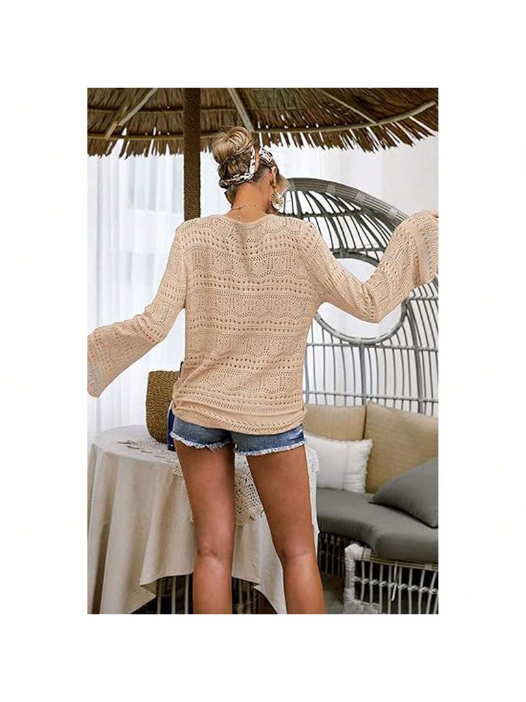 Women's Boho Off Shoulder Crochet Knit Crop Top V Neck Bell Sleeve Ruched Sweater