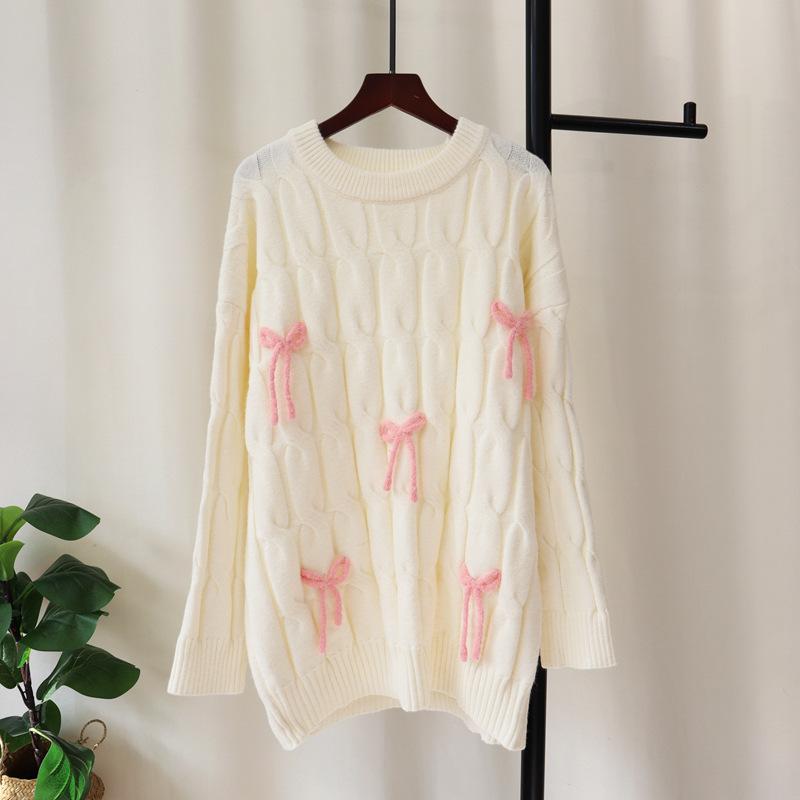Three-dimensional Bow Twist Sweater Pullover Autumn and Winter New Milk Fufu Soft Waxy Loose Knitted Sweater Top Women