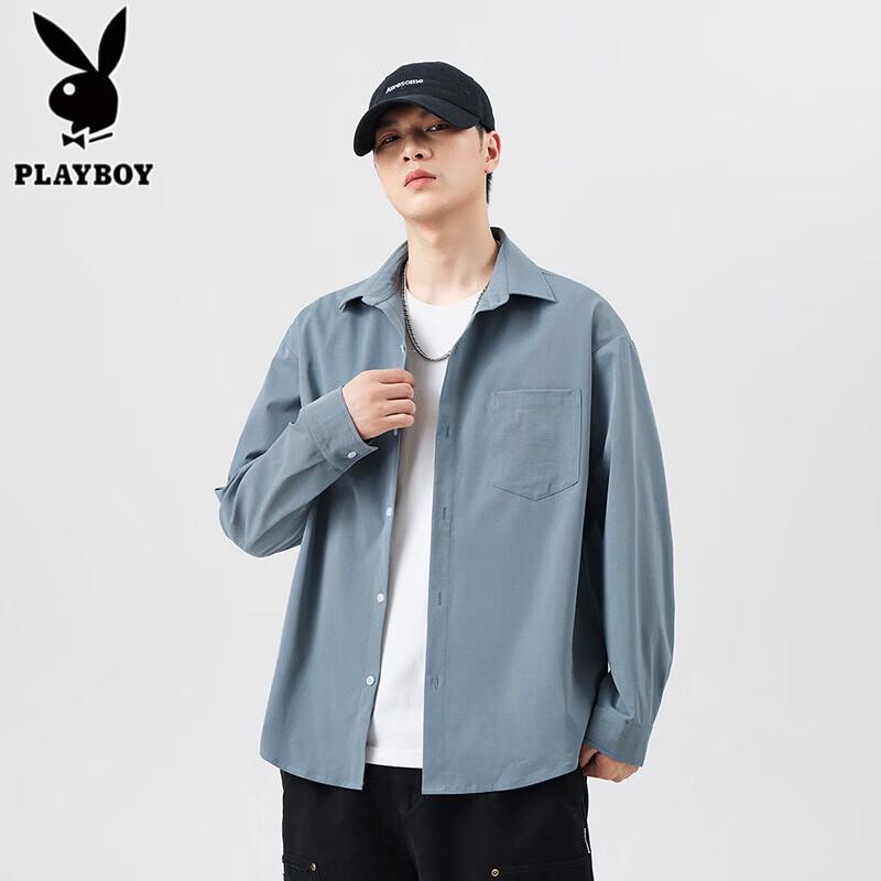 PLAYBOY Men's Simple Loose Fit Long Sleeve Casual Shirt