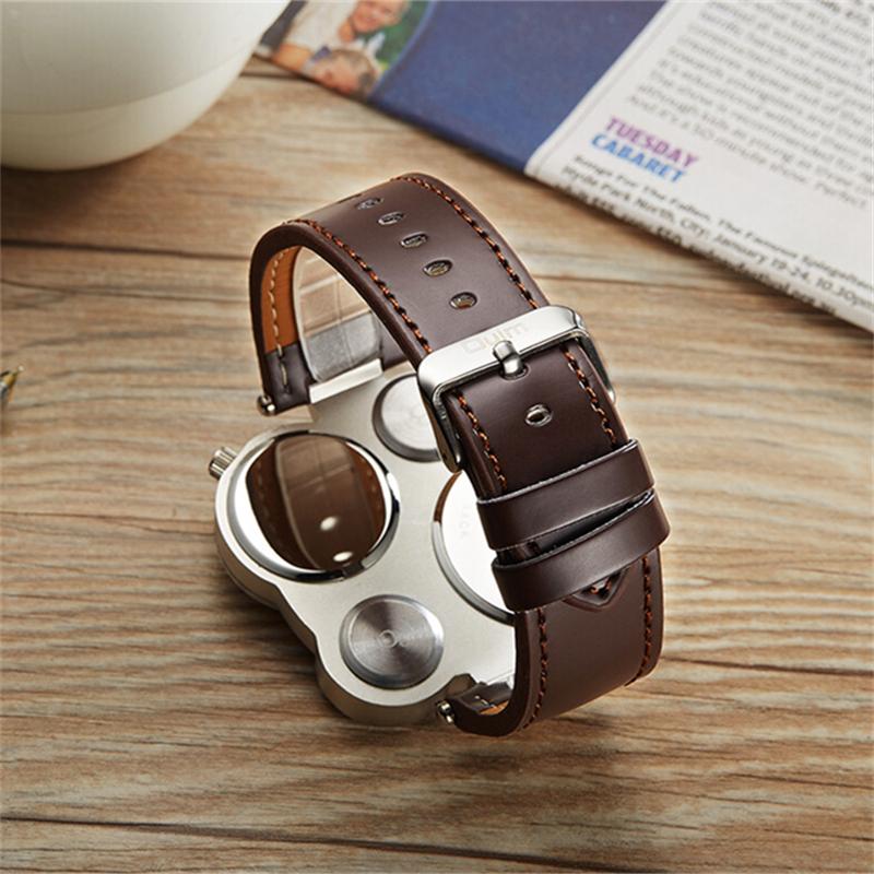 Oulm Fashion Luxury Men's Watch Double Time Zone Large Dial Luminous Leather Strip Men's Quartz Watches relojes para hombre